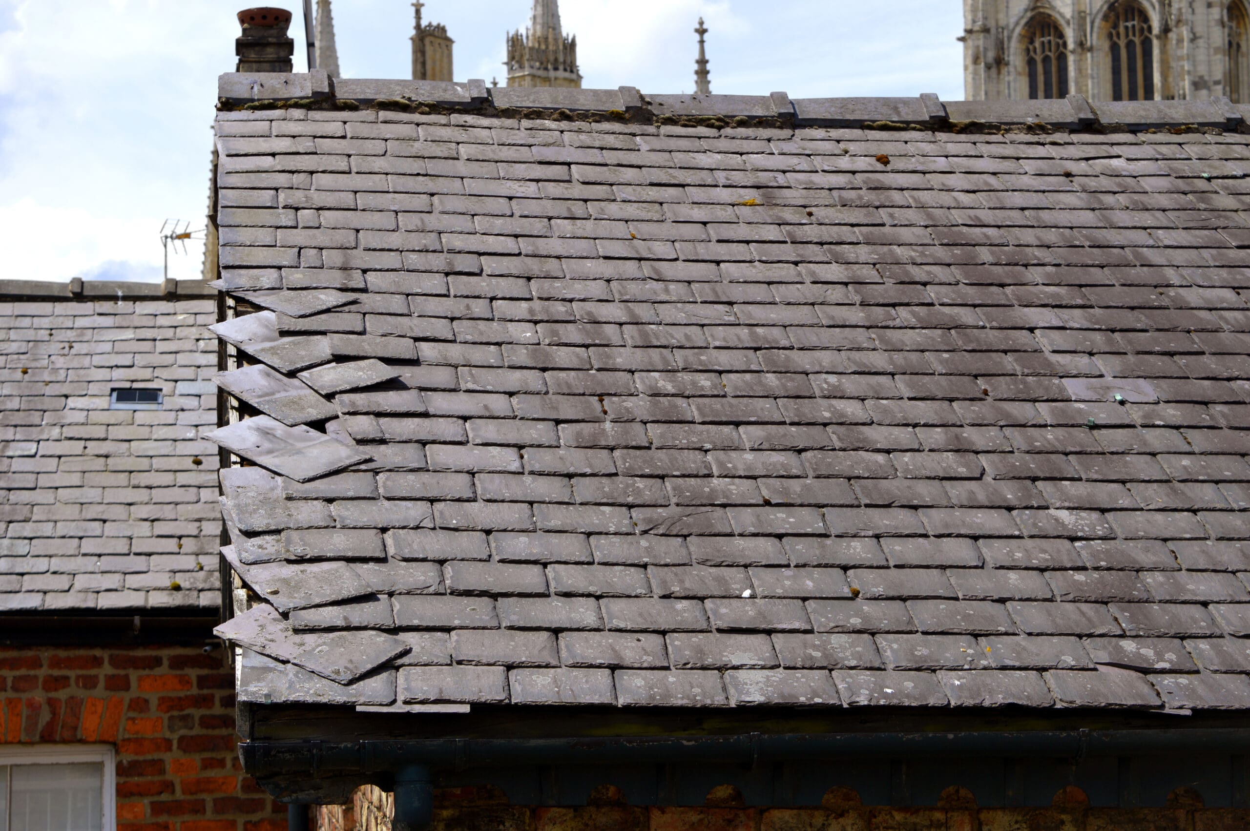 A close-up of an old roof made of grayish-brown shingles, some of which are damaged or missing, revealing the underlying structure. In the background, the top part of a Gothic-style building with spires is visible.