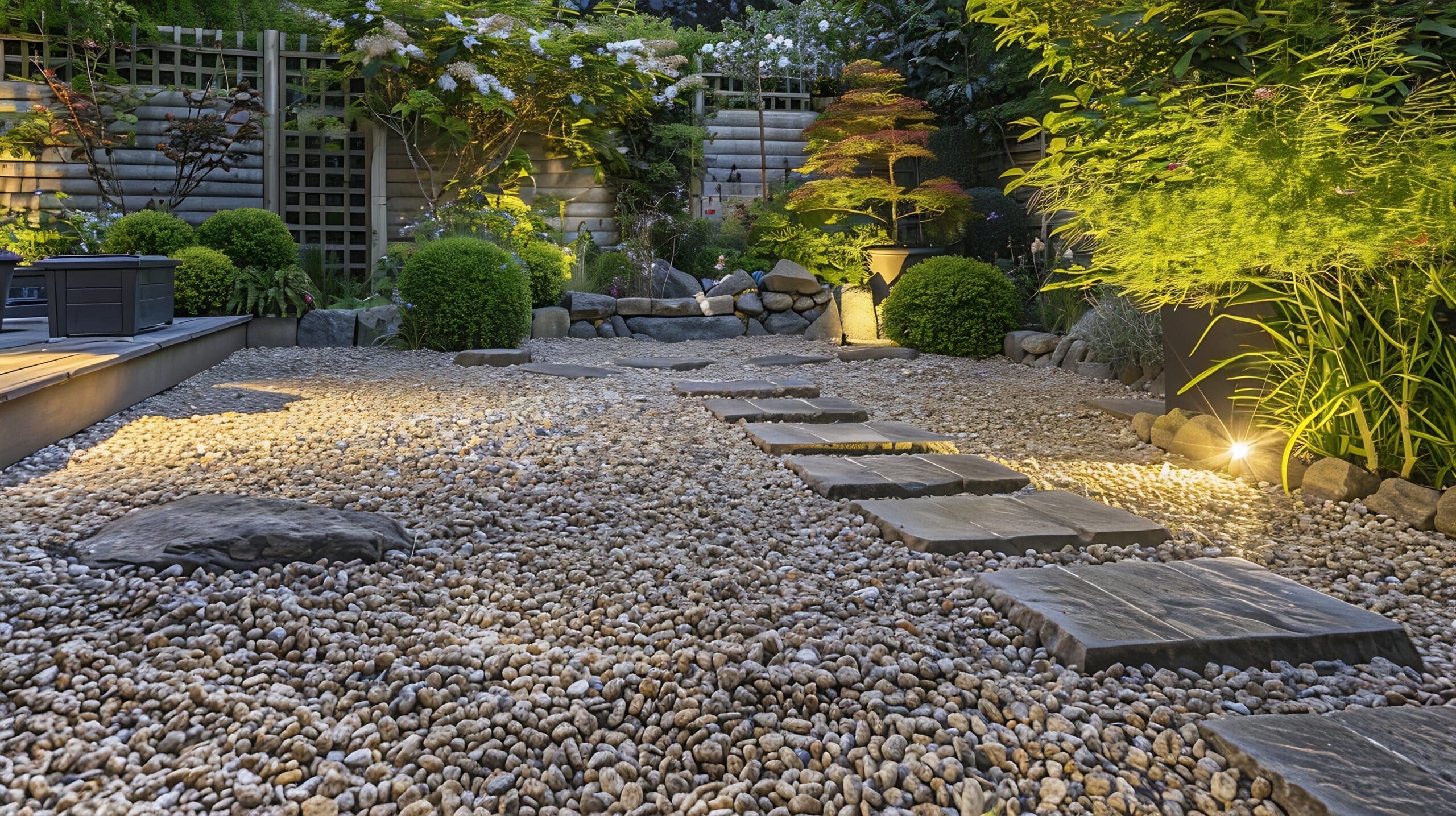 A serene garden with a gravel path, stone steps, and well-placed bushes under warm lighting. Lush greenery, including sculpted shrubs and small trees, borders the area. The background features a wooden fence with trellises and small white flowers.