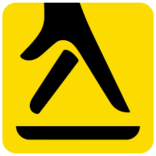 A yellow square with rounded corners contains a black symbol of an open phone book forming the shape of a walking figure. Below the figure is a horizontal black line.