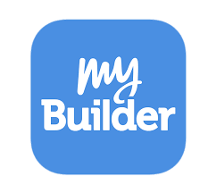 A blue square logo with rounded corners displaying the words "my Builder" in white. The word "my" is written in a casual, cursive font, while "Builder" is in a bold, solid font.