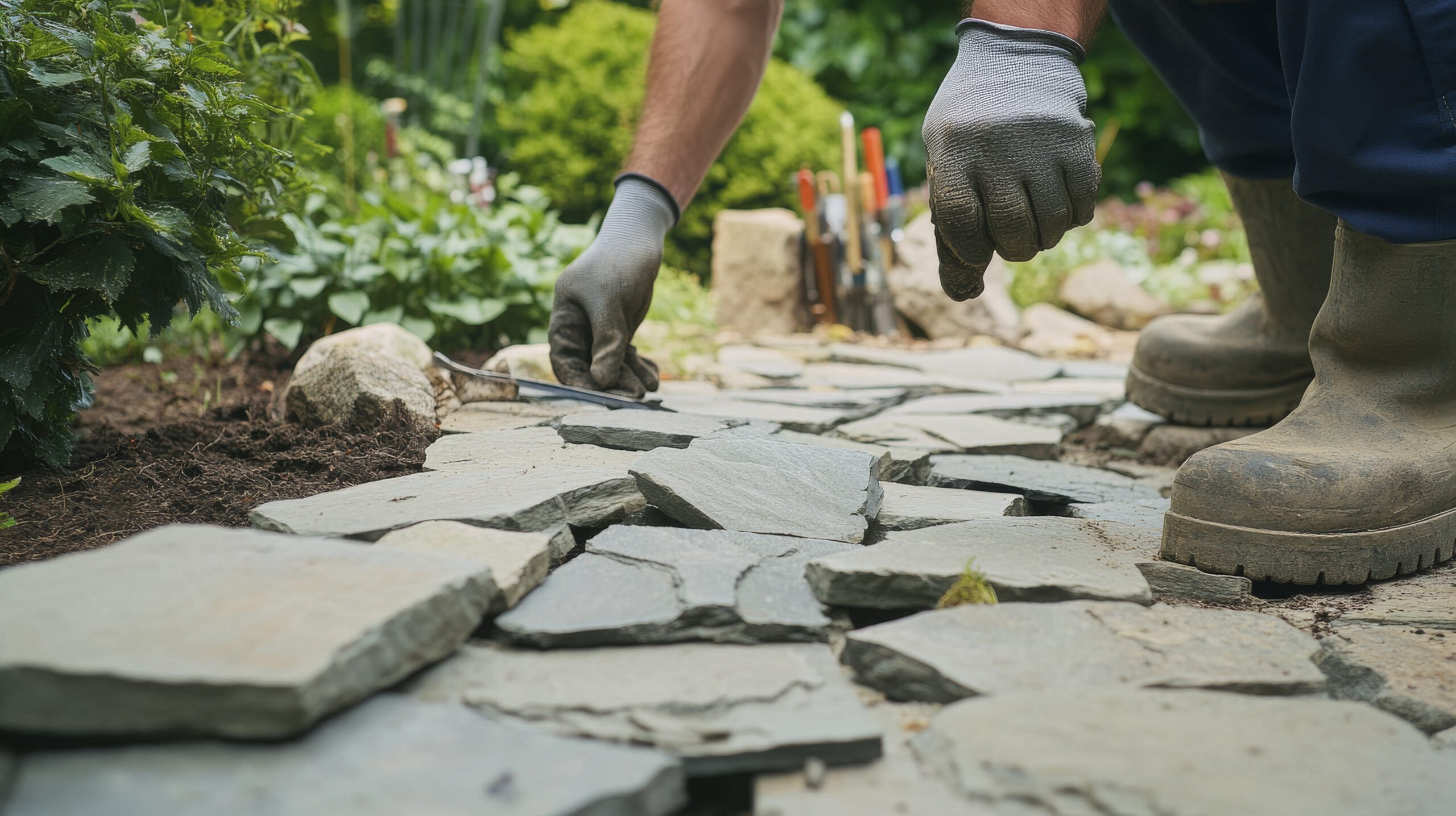 A person wearing gloves and boots is laying irregular stone slabs to create a garden pathway, surrounded by greenery and gardening tools in the background.