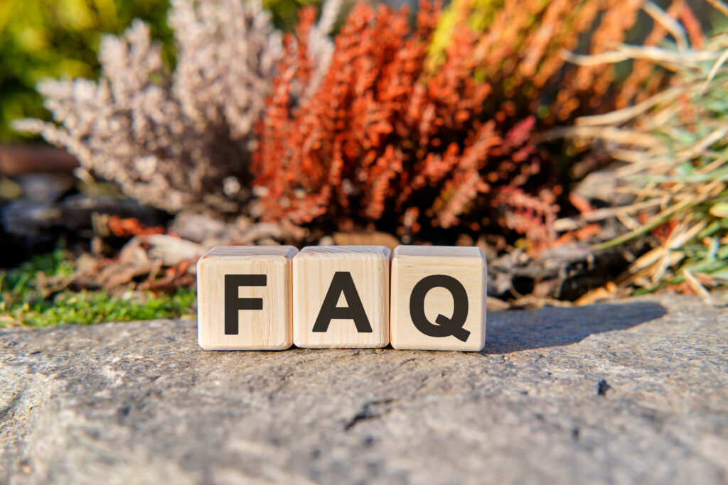 Wooden blocks with the letters "FAQ" are arranged outdoors on a gray stone surface, with colorful, blurred plants in the background.